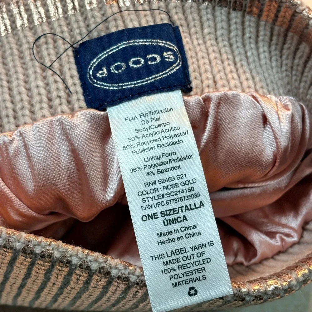 Scoop Rose Gold Metallic Knit Beanie Satin Lined Faux Fur Pom Pom Winter‎ Girly
